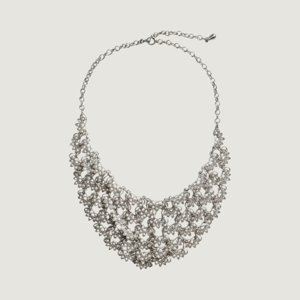 Statement Rhinestone Bib Necklace Premier Designs Silver Filigree Leaf Prom Glam